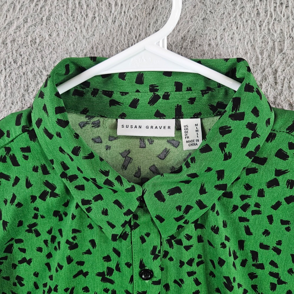 Susan Graver Green Black Abstract Print Peplum Button Front Blouse Womens Medium - Picture 3 of 9
